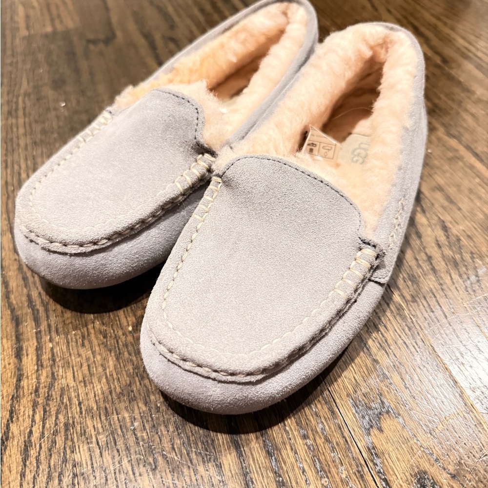 UGG Men's Suede Moccasin Slippers in Light Gray with Cream Lining